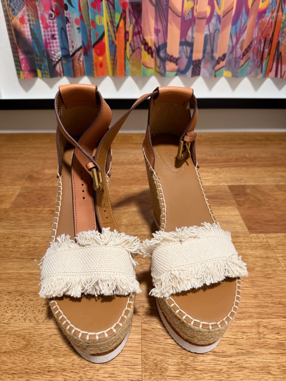 See By Chloé Tan Leather and Cream Fringe Espadrille Platform Sandals